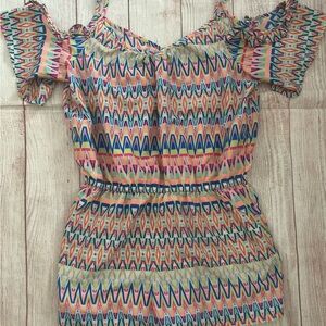 Arizona Women's L Fluorescent Aztec Tribal Print Shorts Romper Pockets Stretch